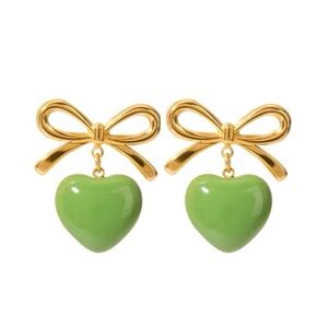 18k Gold Plated Bowknot Green Heart Drip Oil Earrings